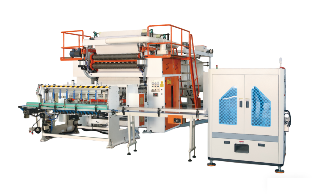首页 首创旋转式多变规格四边压花抽纸折叠机 fully automatic facial tissue production line (4 sides embossung unit )